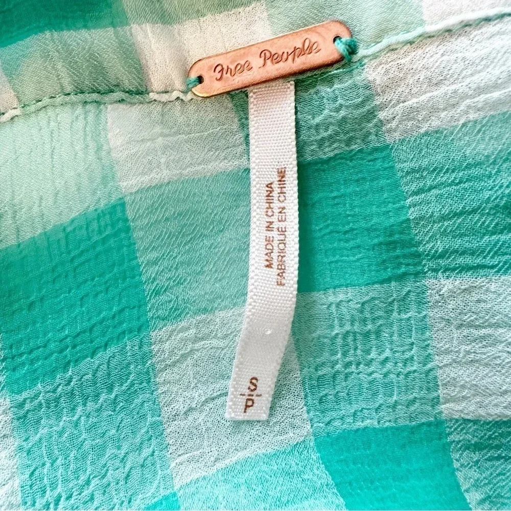 FREE PEOPLE Semi Sheer Gingham Blouse Button Up Top Green White High Low Small
